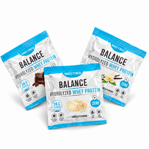 BOLSA CON 3 SACHETTES de 30GR PROTEINA HIDROLIZADA BALANCE (SOBRES) 1 CHOCOLATE, 1 VAINILLA, 1 SIN SABOR